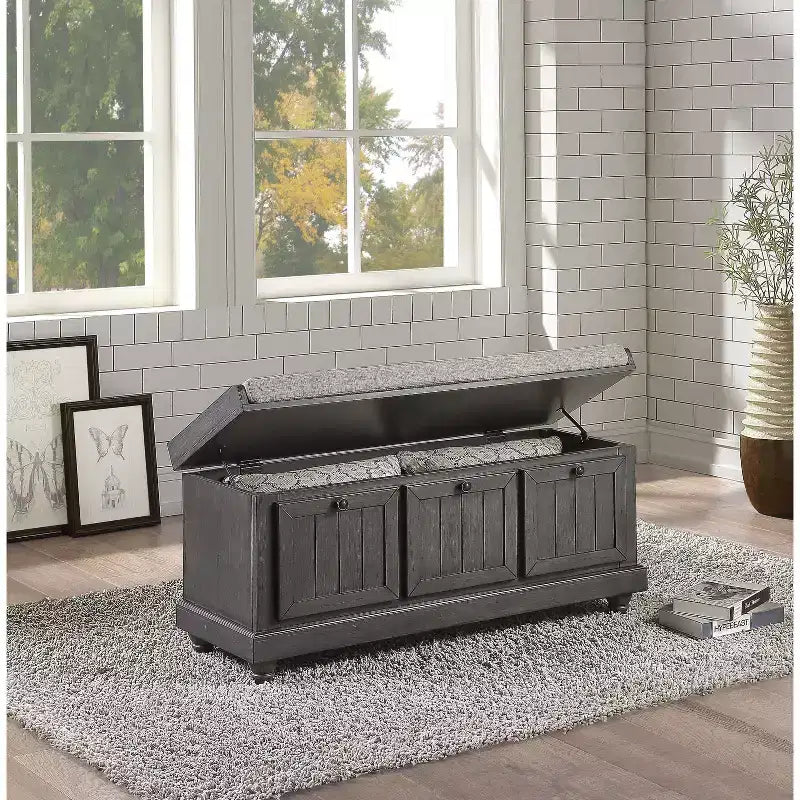 Panca ottomana contenitore con coperchio a ribalta, grigio scuro/bianco, monoposto
