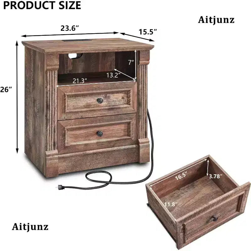 Comodino da fattoria marrone/grigio/bianco con ricarica, 2 cassetti e ripiano aperto, 1 persona