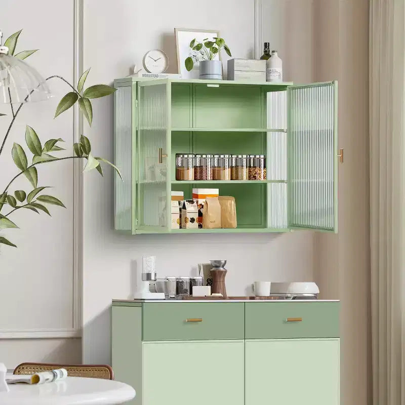 Pensile Nero/Verde Menta, Anta Doppia con Vetro, 4 Ripiani