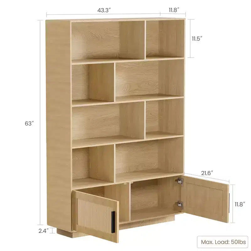 Libreria a 5 Ripiani in Rattan Naturale con Ante a Sportello – Montaggio 1 Persona