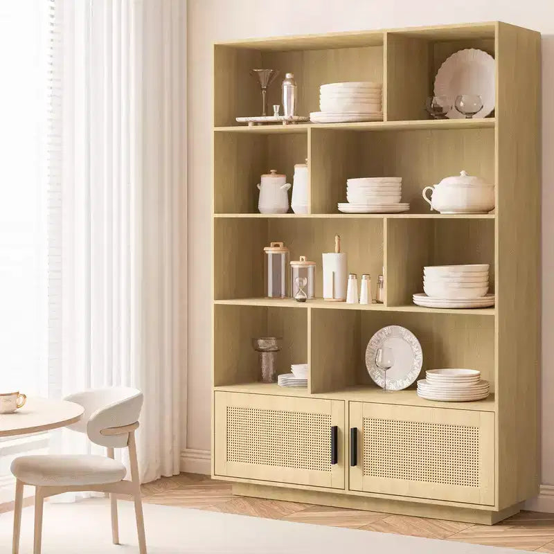 Libreria a 5 Ripiani in Rattan Naturale con Ante a Sportello – Montaggio 1 Persona