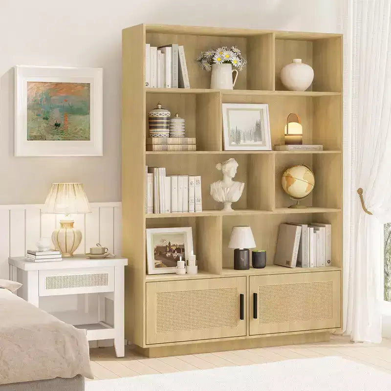 Libreria a 5 Ripiani in Rattan Naturale con Ante a Sportello – Montaggio 1 Persona