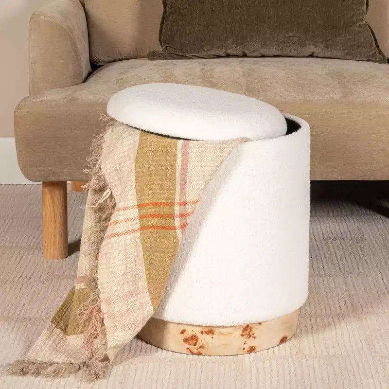 Sgabello Contenitore Rotondo in Bouclé Crema con Coperchio Rimovibile, Monoposto