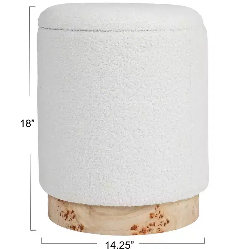 Sgabello Contenitore Rotondo in Bouclé Crema con Coperchio Rimovibile, Monoposto