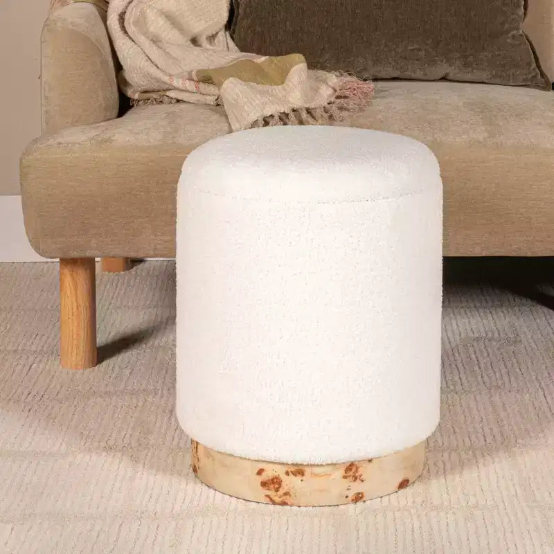 Sgabello Contenitore Rotondo in Bouclé Crema con Coperchio Rimovibile, Monoposto