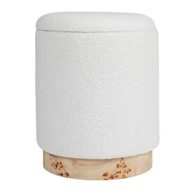 Sgabello Contenitore Rotondo in Bouclé Crema con Coperchio Rimovibile, Monoposto