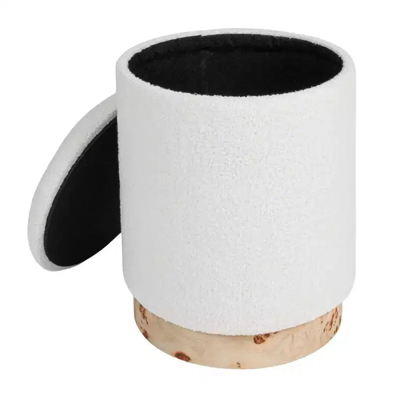 Sgabello Contenitore Rotondo in Bouclé Crema con Coperchio Rimovibile, Monoposto