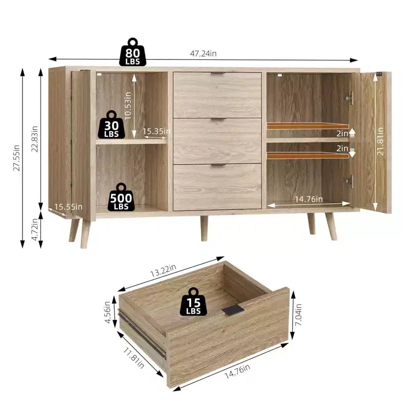 Madia in rovere da 47" con 3 cassetti e 2 ante – Posti a sedere: 1