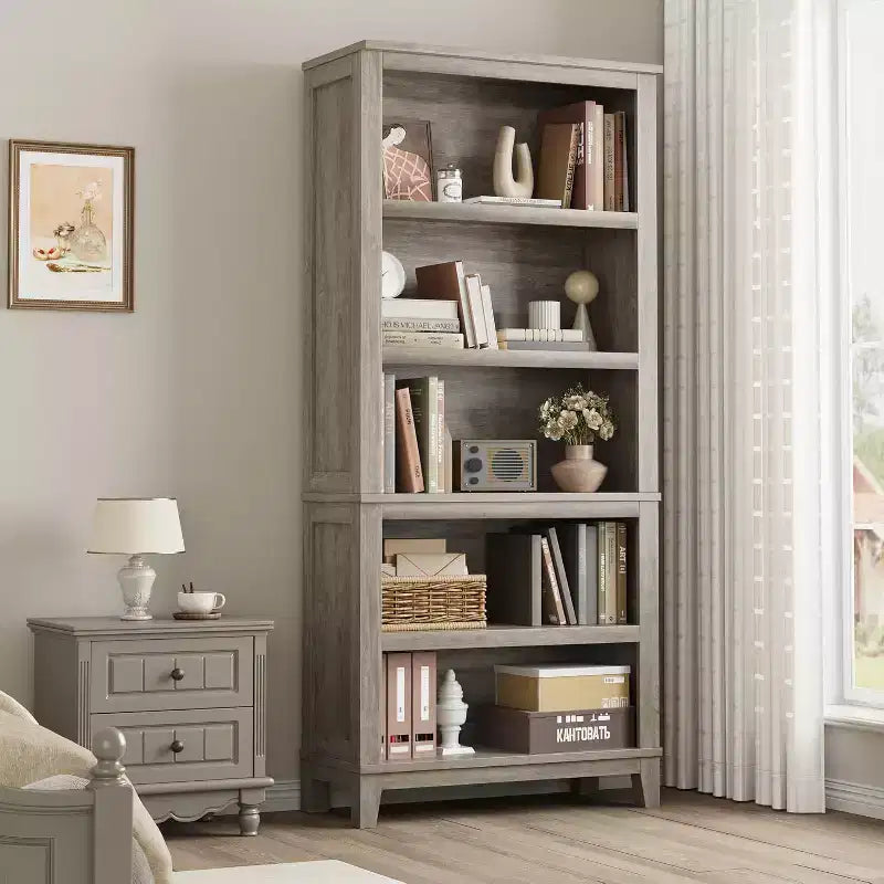 Libreria a 5 ripiani nera/grigia con gambe in legno, singola