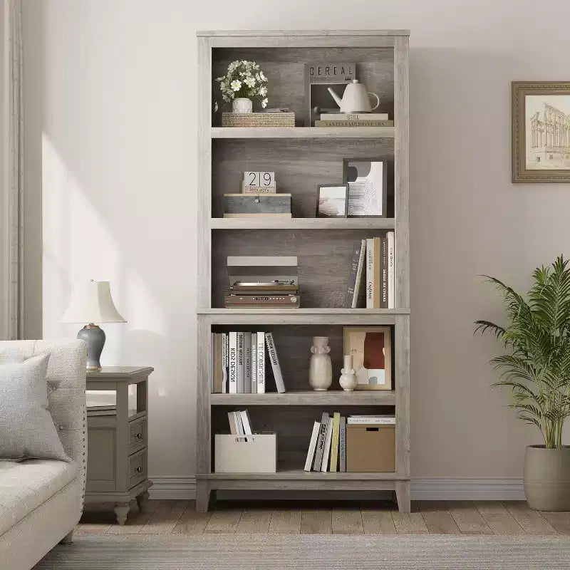Libreria a 5 ripiani nera/grigia con gambe in legno, singola