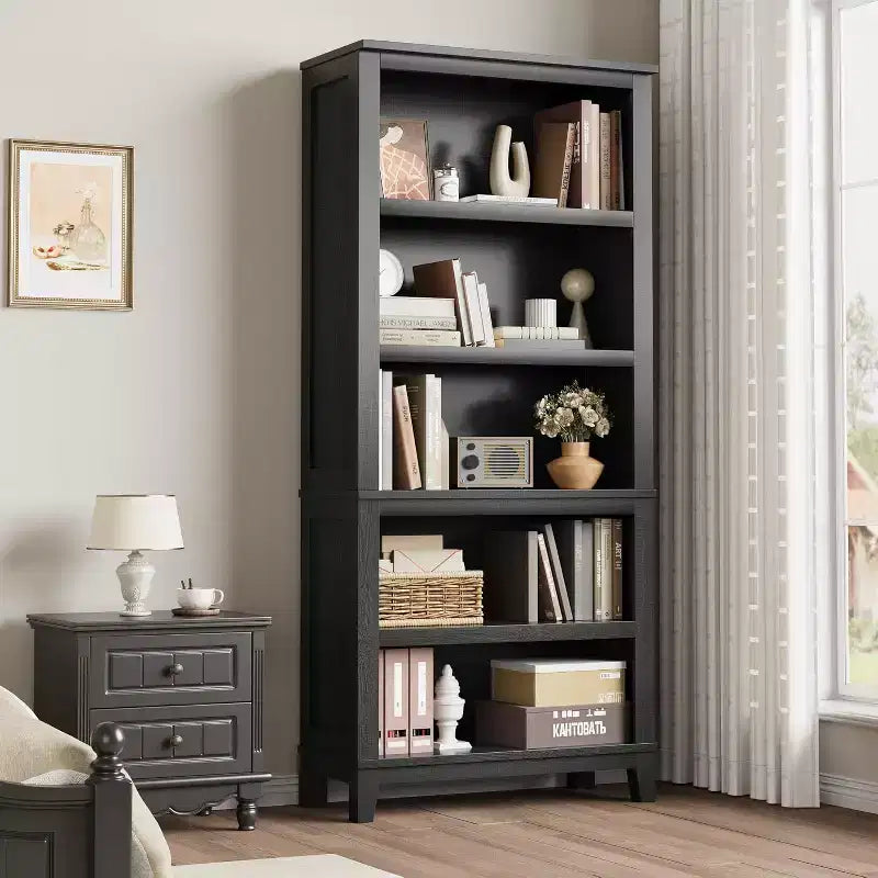 Libreria a 5 ripiani nera/grigia con gambe in legno, singola
