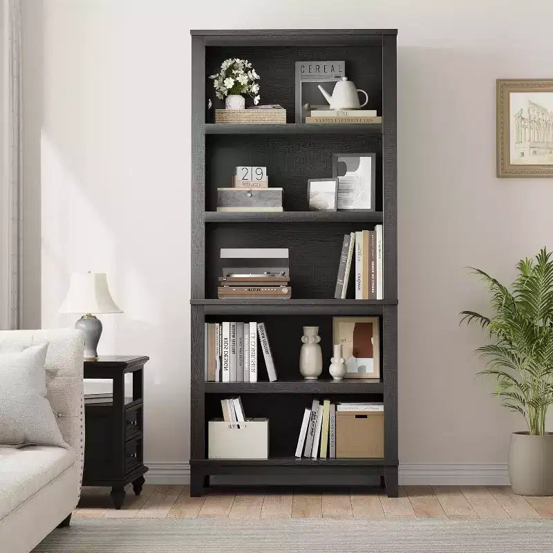 Libreria a 5 ripiani nera/grigia con gambe in legno, singola