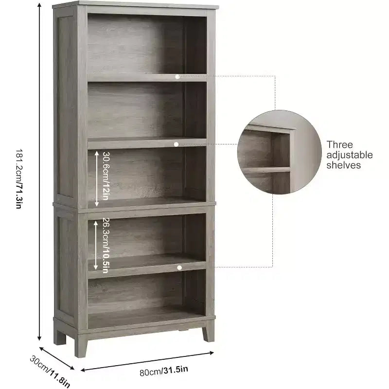 Libreria a 5 ripiani nera/grigia con gambe in legno, singola