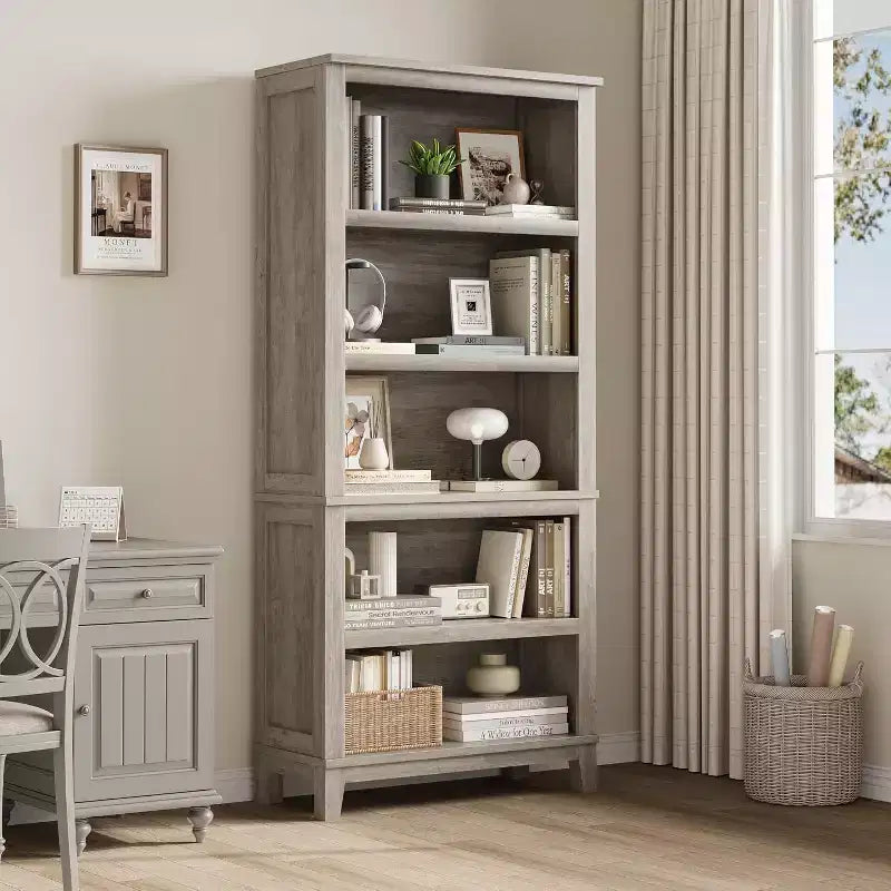 Libreria a 5 ripiani nera/grigia con gambe in legno, singola