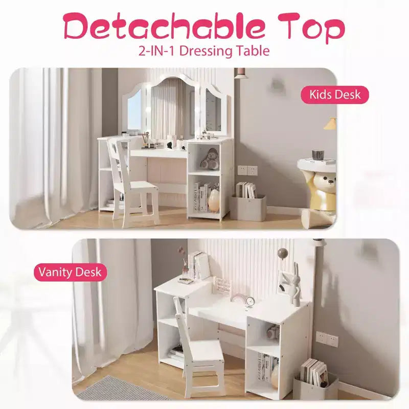 Tavolino da trucco con specchio illuminato a sfioramento per principesse rosa/bianco e sedia – Set da 2 pezzi, età 3+
