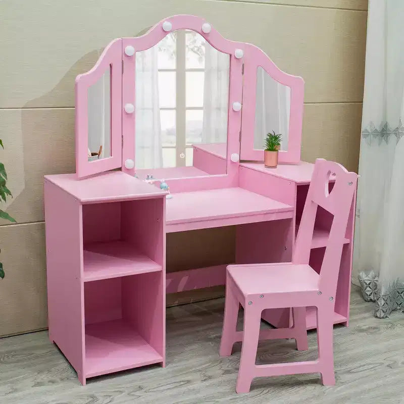 Tavolino da trucco con specchio illuminato a sfioramento per principesse rosa/bianco e sedia – Set da 2 pezzi, età 3+