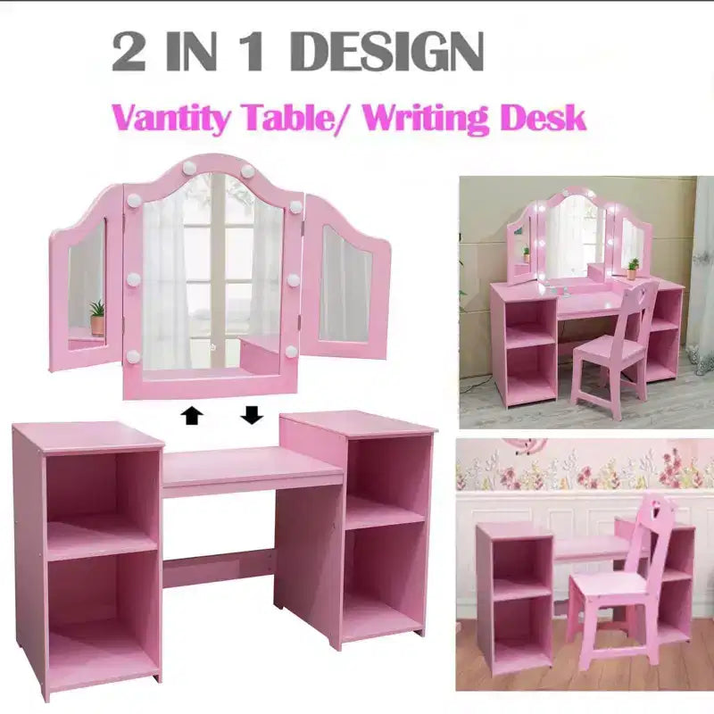 Tavolino da trucco con specchio illuminato a sfioramento per principesse rosa/bianco e sedia – Set da 2 pezzi, età 3+