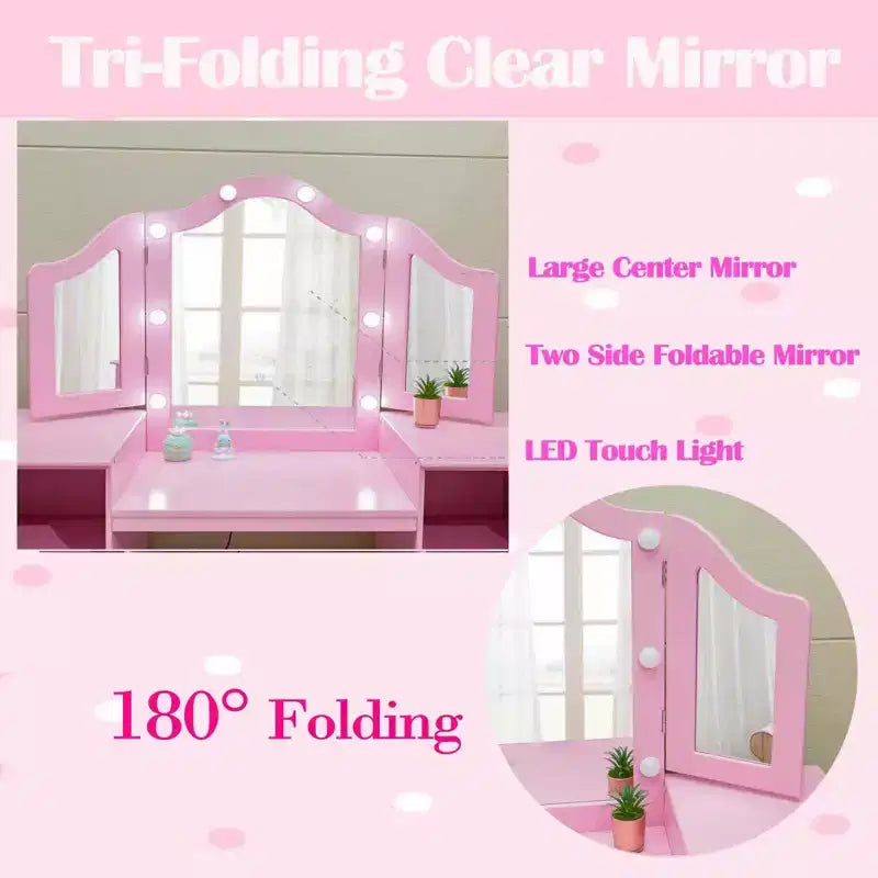 Tavolino da trucco con specchio illuminato a sfioramento per principesse rosa/bianco e sedia – Set da 2 pezzi, età 3+