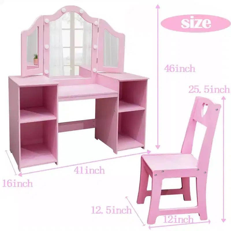 Tavolino da trucco con specchio illuminato a sfioramento per principesse rosa/bianco e sedia – Set da 2 pezzi, età 3+
