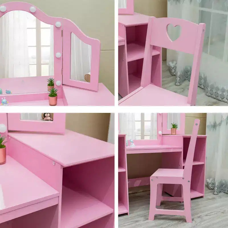 Tavolino da trucco con specchio illuminato a sfioramento per principesse rosa/bianco e sedia – Set da 2 pezzi, età 3+