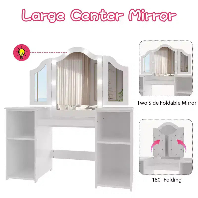 Tavolino da trucco con specchio illuminato a sfioramento per principesse rosa/bianco e sedia – Set da 2 pezzi, età 3+