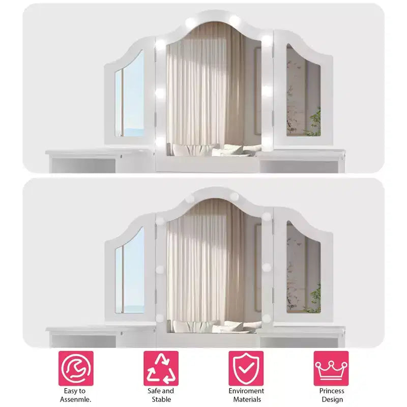 Tavolino da trucco con specchio illuminato a sfioramento per principesse rosa/bianco e sedia – Set da 2 pezzi, età 3+