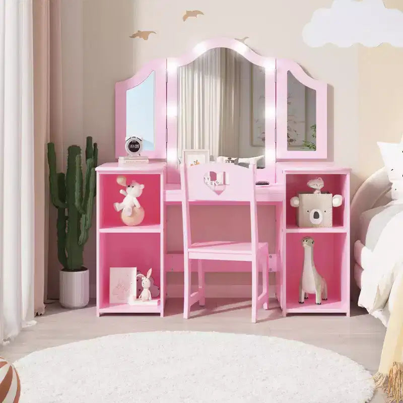 GustoWave Princess Vanity Table & Chair Set with Mirror, Touch Light Vanity Desk with Storage & High Back Chair - Convertible to Writing Desk