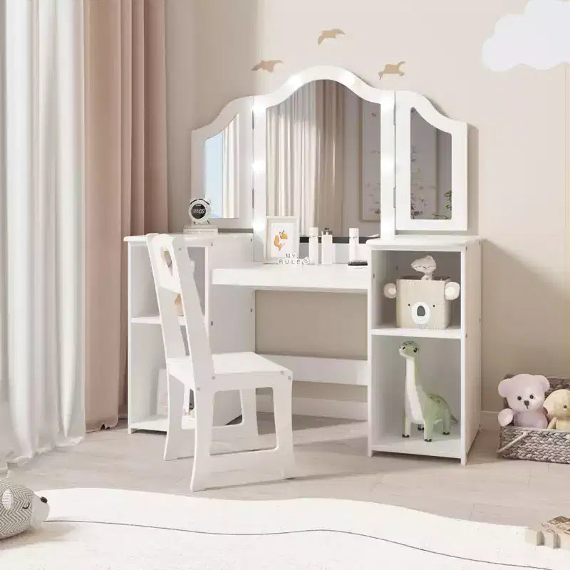Tavolino da trucco con specchio illuminato a sfioramento per principesse rosa/bianco e sedia – Set da 2 pezzi, età 3+