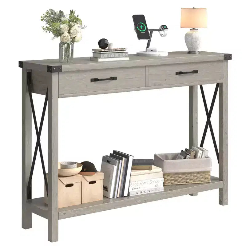 Consolle sottile grigia con 2 cassetti, gambe a X, montaggio da 1 persona, 110x30x80cm