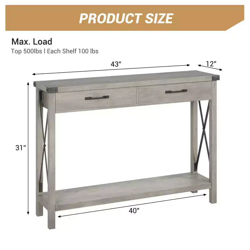 Consolle sottile grigia con 2 cassetti, gambe a X, montaggio da 1 persona, 110x30x80cm
