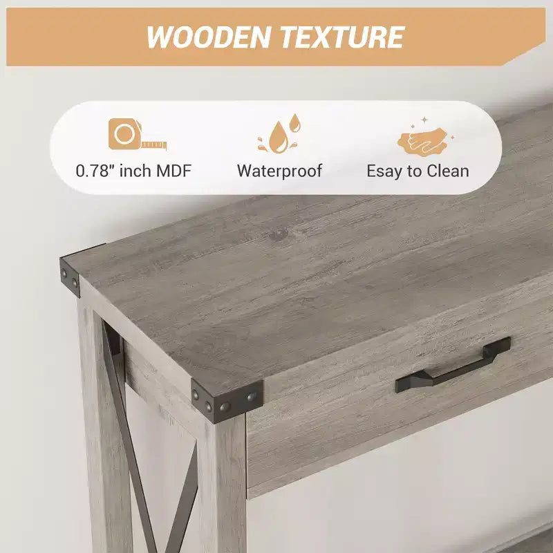 Consolle sottile grigia con 2 cassetti, gambe a X, montaggio da 1 persona, 110x30x80cm