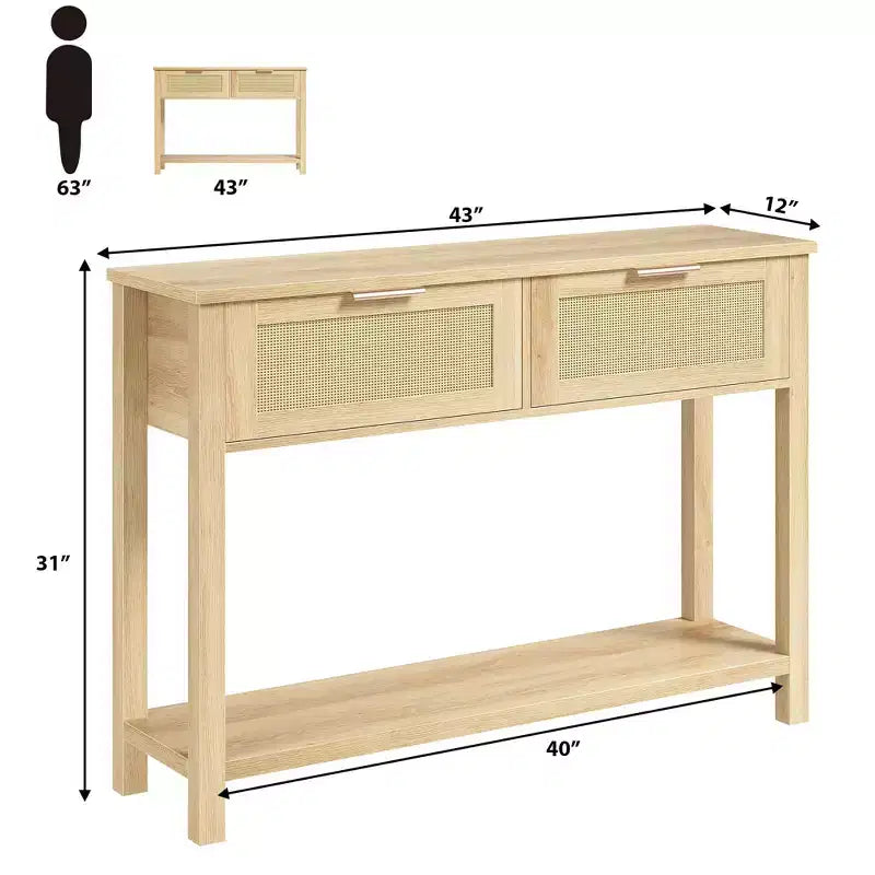 Consolle in Rattan Marrone con 2 Cassetti e Ripiano Aperto, Montaggio per 1 Persona