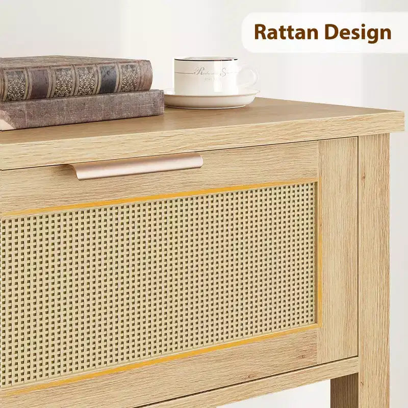 Consolle in Rattan Marrone con 2 Cassetti e Ripiano Aperto, Montaggio per 1 Persona
