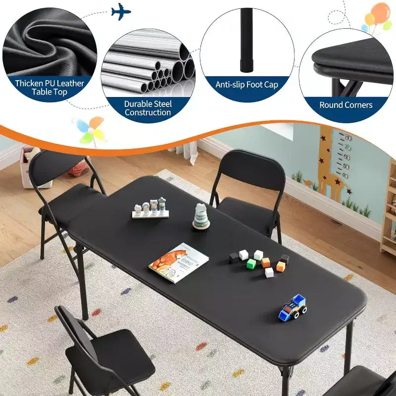 Set da 5 pezzi tavolo e 4 sedie pieghevoli per bambini Beige/Nero/Grigio