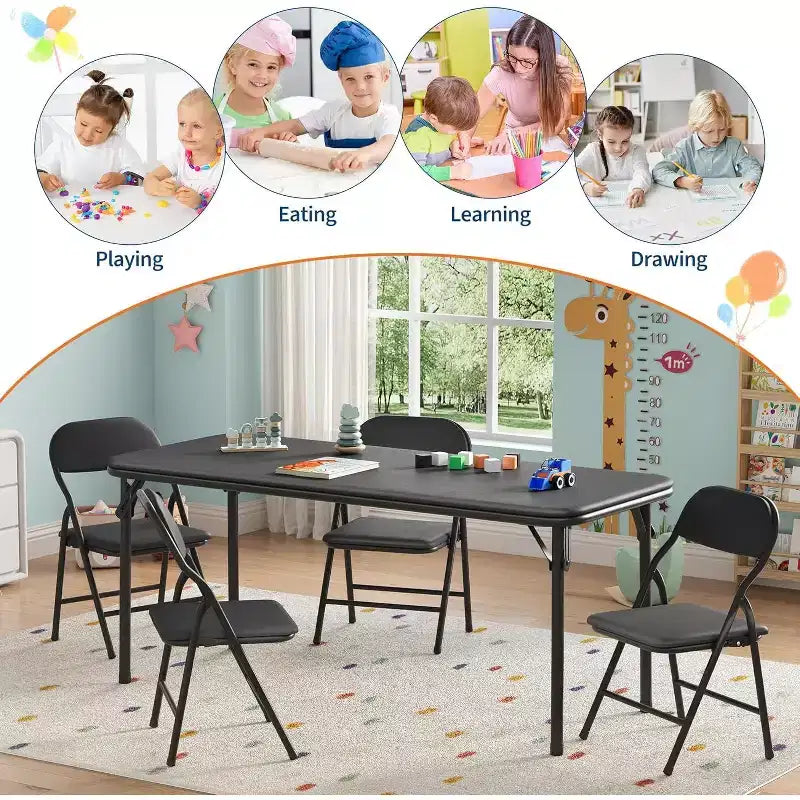 Set da 5 pezzi tavolo e 4 sedie pieghevoli per bambini Beige/Nero/Grigio