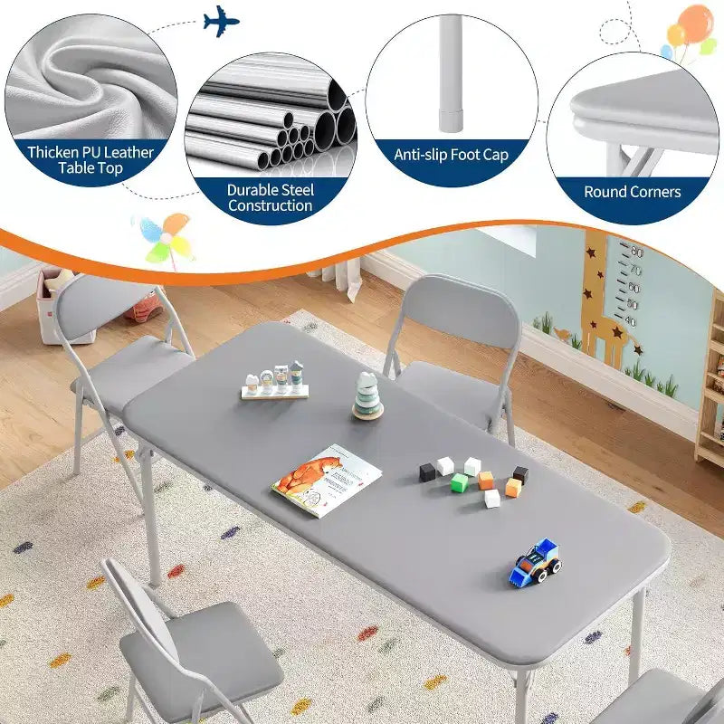 Set da 5 pezzi tavolo e 4 sedie pieghevoli per bambini Beige/Nero/Grigio
