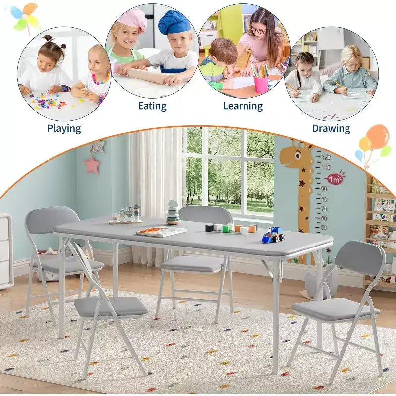 Set da 5 pezzi tavolo e 4 sedie pieghevoli per bambini Beige/Nero/Grigio
