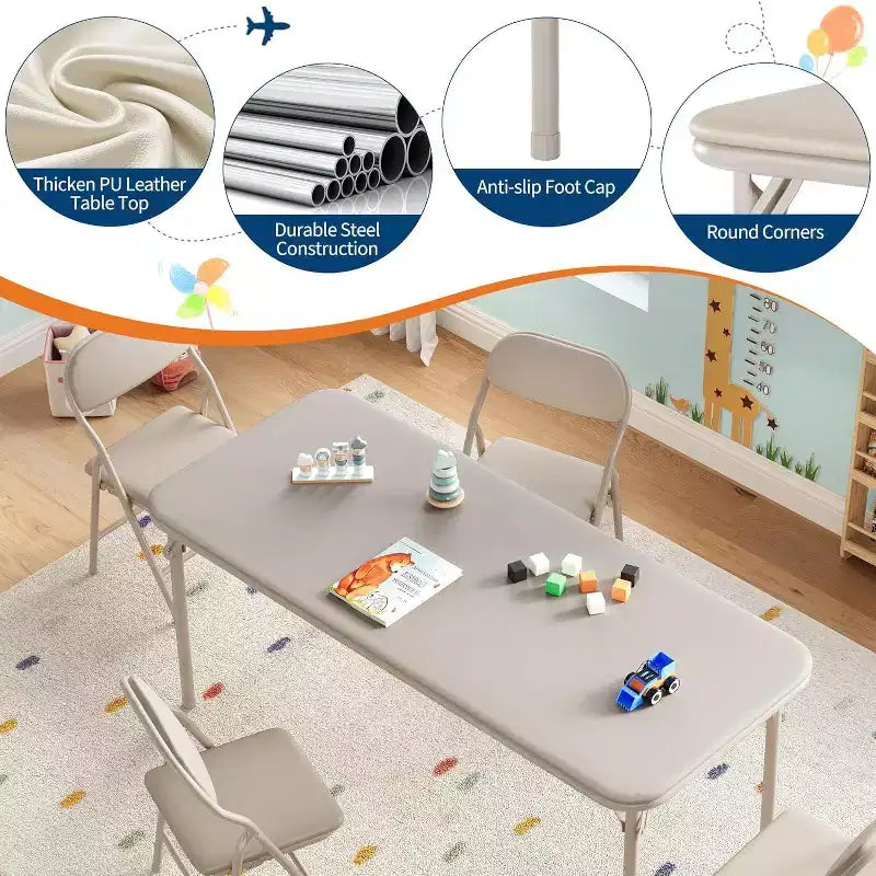 Set da 5 pezzi tavolo e 4 sedie pieghevoli per bambini Beige/Nero/Grigio