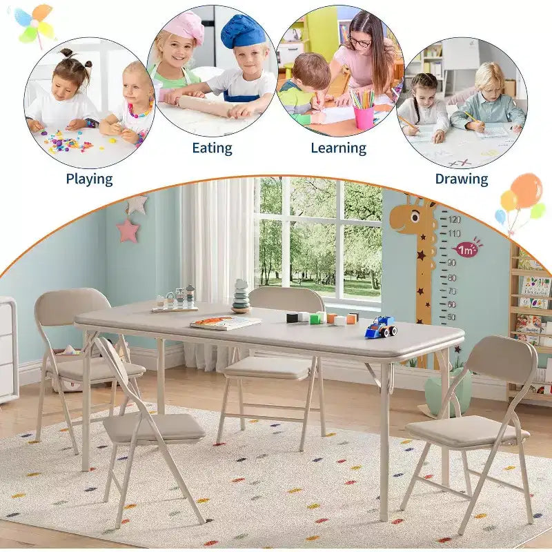 Set da 5 pezzi tavolo e 4 sedie pieghevoli per bambini Beige/Nero/Grigio