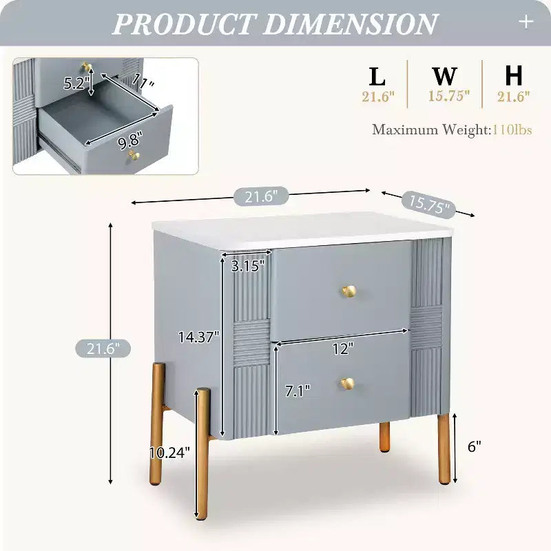 Comodino in legno e metallo nero/blu/verde/arancione con 2 cassetti – 1 persona
