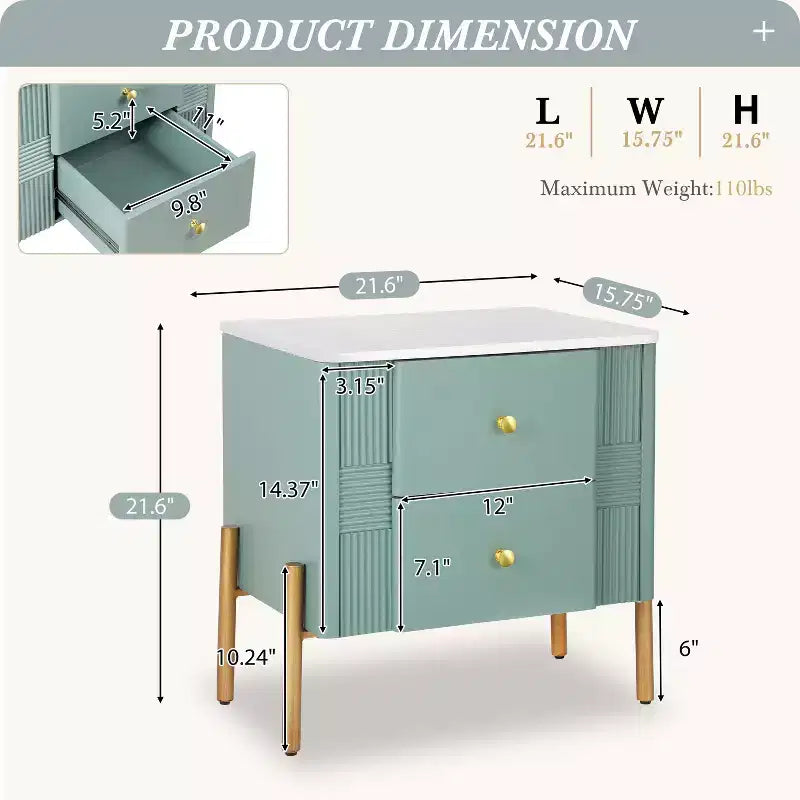 Comodino in legno e metallo nero/blu/verde/arancione con 2 cassetti – 1 persona