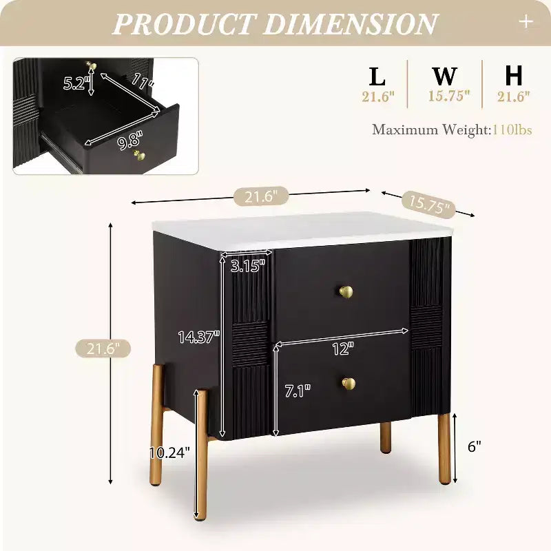 Comodino in legno e metallo nero/blu/verde/arancione con 2 cassetti – 1 persona