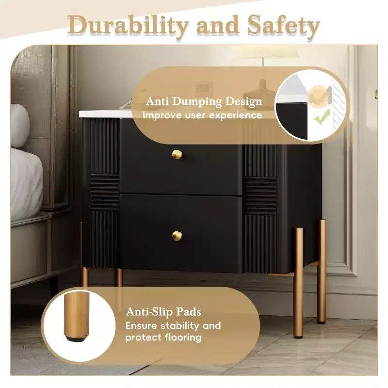 Comodino in legno e metallo nero/blu/verde/arancione con 2 cassetti – 1 persona