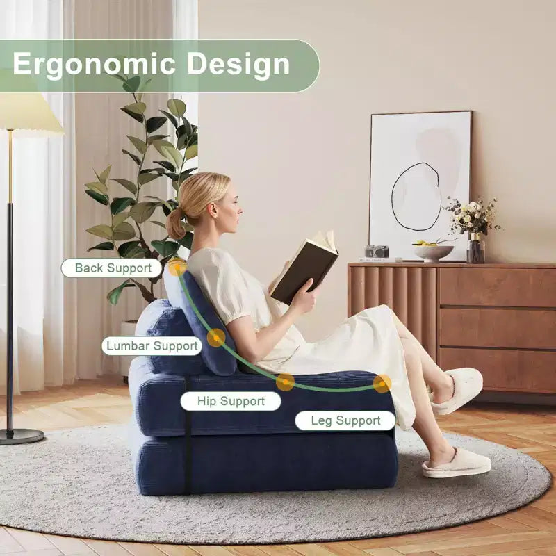 Divano letto pieghevole nero/blu scuro/grigio scuro, convertibile 3 in 1, due posti