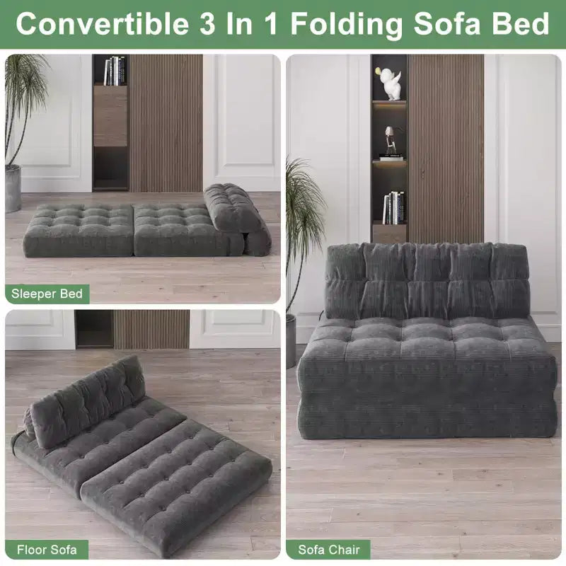 Divano letto pieghevole nero/blu scuro/grigio scuro, convertibile 3 in 1, due posti
