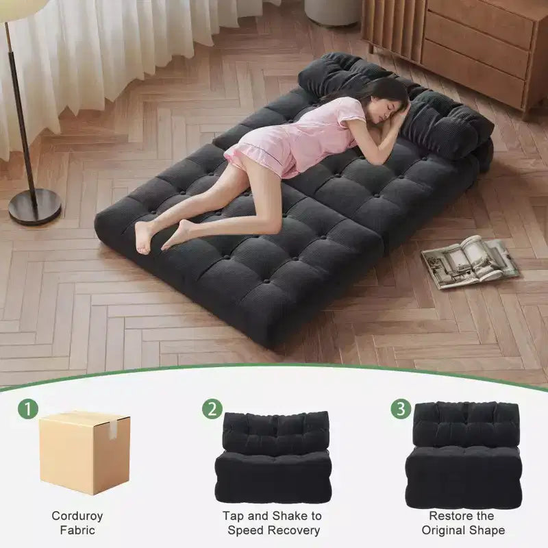 Divano letto pieghevole nero/blu scuro/grigio scuro, convertibile 3 in 1, due posti