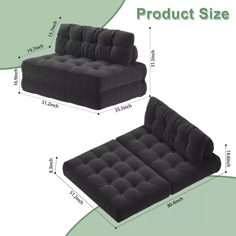 Divano letto pieghevole nero/blu scuro/grigio scuro, convertibile 3 in 1, due posti