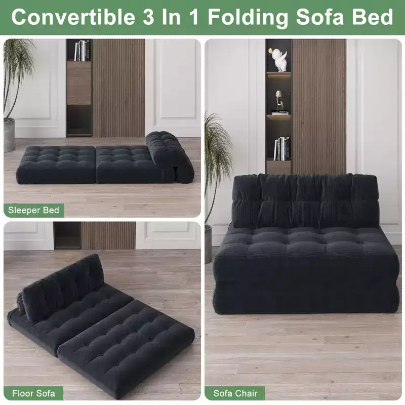 Divano letto pieghevole nero/blu scuro/grigio scuro, convertibile 3 in 1, due posti