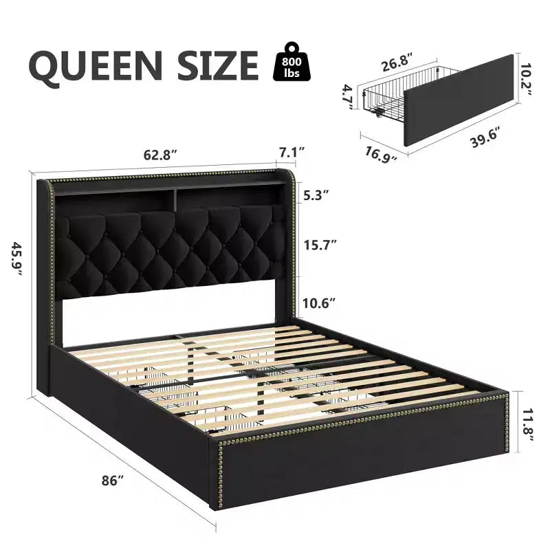 Struttura Letto a Piattaforma in Velluto Nero con Cassetti Contenitori e Testiera con Ripiani – Matrimoniale Francese/Matrimoniale Standard/King Size, Fino a 2 Persone