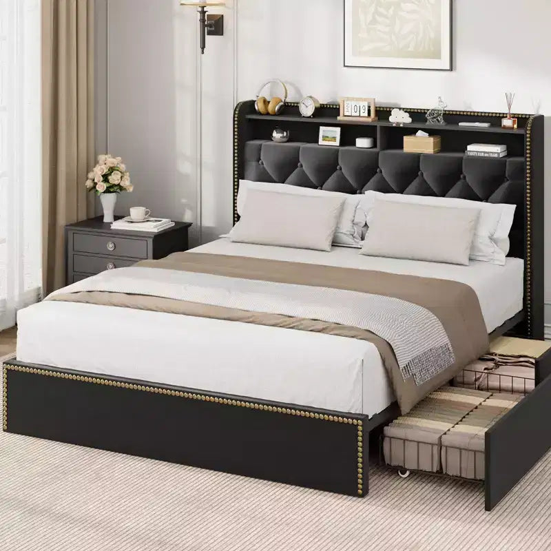 Struttura Letto a Piattaforma in Velluto Nero con Cassetti Contenitori e Testiera con Ripiani – Matrimoniale Francese/Matrimoniale Standard/King Size, Fino a 2 Persone